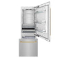 ZLINE Autograph Edition 30 in. 16.1 cu. ft. Built-In Bottom Freezer Refrigerator with Water Dispenser and Ice Maker in Satin Stainless Steel with Champagne Bronze Accents (RBIVZ-SN-30-CB) front, refrigeration compartment and bottom freezer drawer open.