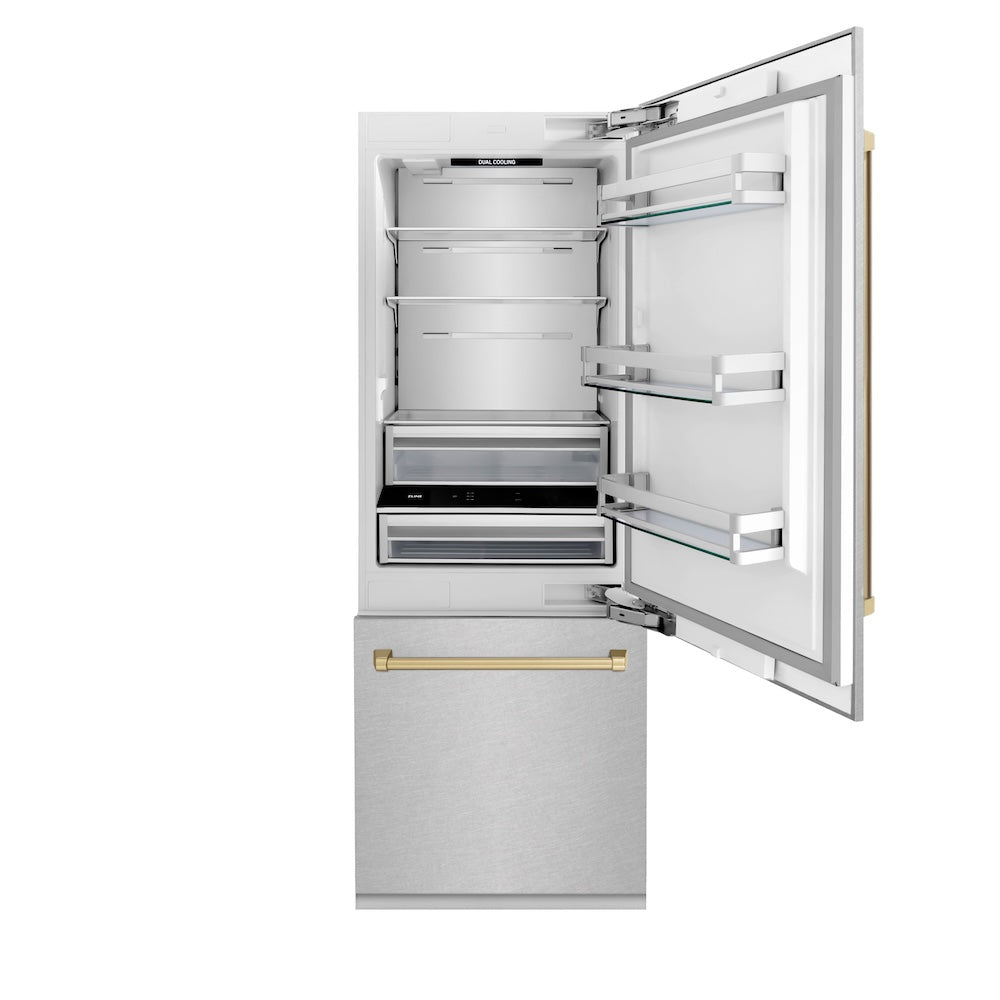 ZLINE Autograph Edition 30 in. 16.1 cu. ft. Built-In Bottom Freezer Refrigerator with Water Dispenser and Ice Maker in Satin Stainless Steel with Champagne Bronze Accents (RBIVZ-SN-30-CB) front, open.