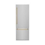 ZLINE Autograph Edition 30 in. 16.1 cu. ft. Built-In Bottom Freezer Refrigerator with Water Dispenser and Ice Maker in Satin Stainless Steel with Polished Gold Accents (RBIVZ-SN-30-G) main image.