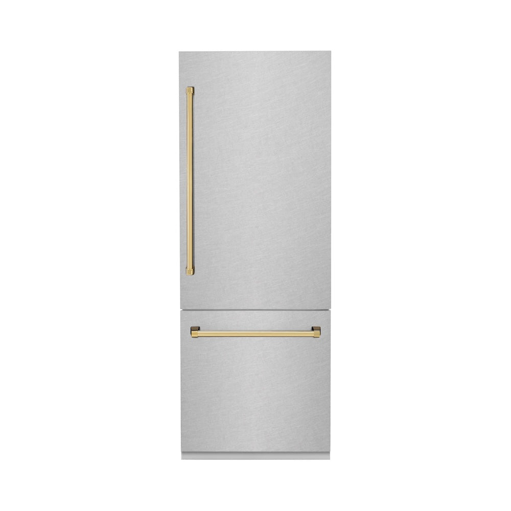 ZLINE Autograph Edition 30 in. 16.1 cu. ft. Built-In Bottom Freezer Refrigerator with Water Dispenser and Ice Maker in Satin Stainless Steel with Polished Gold Accents (RBIVZ-SN-30-G) main image.