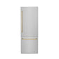 ZLINE Autograph Edition 30 in. 16.1 cu. ft. Built-In Bottom Freezer Refrigerator with Water Dispenser and Ice Maker in Satin Stainless Steel with Polished Gold Accents (RBIVZ-SN-30-G) front, closed.