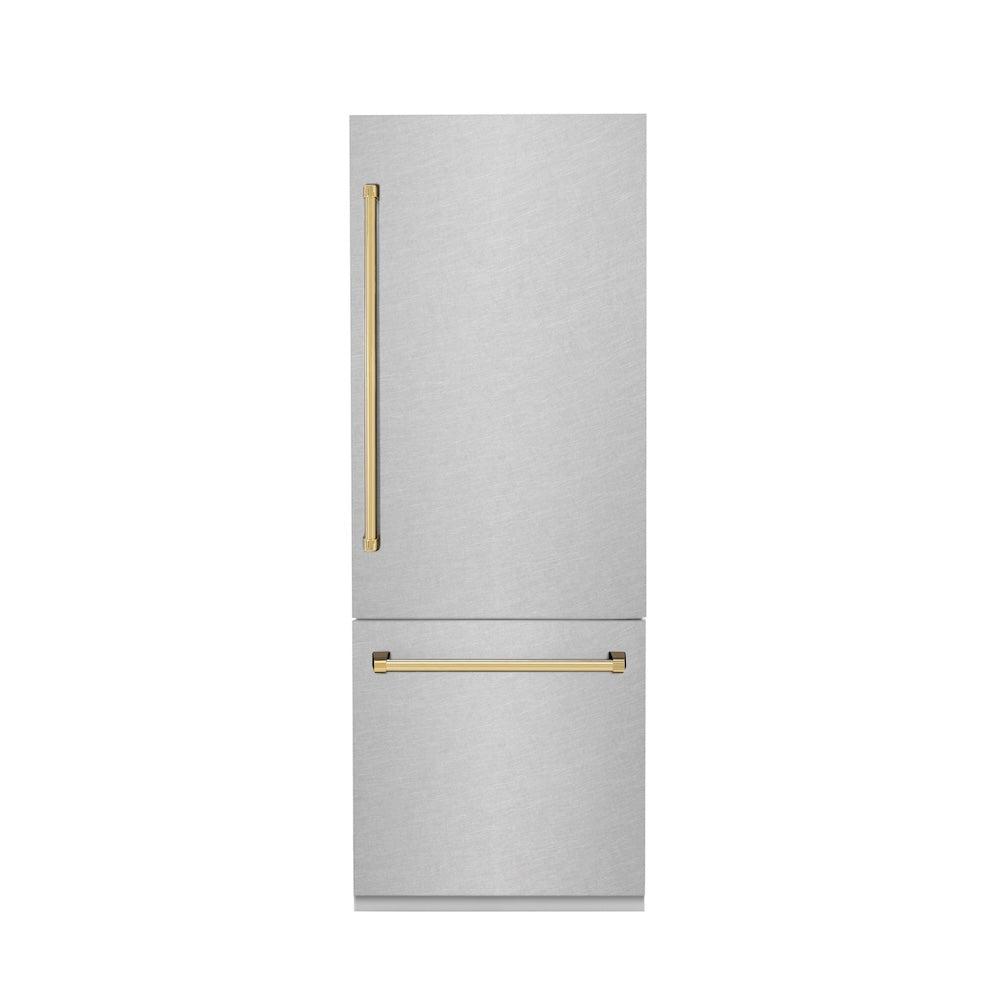 ZLINE Autograph Edition 30 in. 16.1 cu. ft. Built-In Bottom Freezer Refrigerator with Water Dispenser and Ice Maker in Satin Stainless Steel with Polished Gold Accents (RBIVZ-SN-30-G) front, closed.