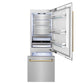 ZLINE Autograph Edition 30 in. 16.1 cu. ft. Built-In Bottom Freezer Refrigerator with Water Dispenser and Ice Maker in Satin Stainless Steel with Polished Gold Accents (RBIVZ-SN-30-G) front, refrigeration compartment and bottom freezer drawer open with lights activated.