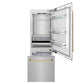 ZLINE Autograph Edition 30 in. 16.1 cu. ft. Built-In Bottom Freezer Refrigerator with Water Dispenser and Ice Maker in Satin Stainless Steel with Polished Gold Accents (RBIVZ-SN-30-G) front, refrigeration compartment and bottom freezer drawer open.