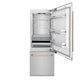ZLINE Autograph Edition 30 in. 16.1 cu. ft. Built-In Bottom Freezer Refrigerator with Water Dispenser and Ice Maker in Satin Stainless Steel with Polished Gold Accents (RBIVZ-SN-30-G) front, open.