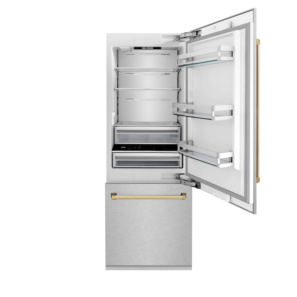 ZLINE Autograph Edition 30 in. 16.1 cu. ft. Built-In Bottom Freezer Refrigerator with Water Dispenser and Ice Maker in Satin Stainless Steel with Polished Gold Accents (RBIVZ-SN-30-G) front, open.
