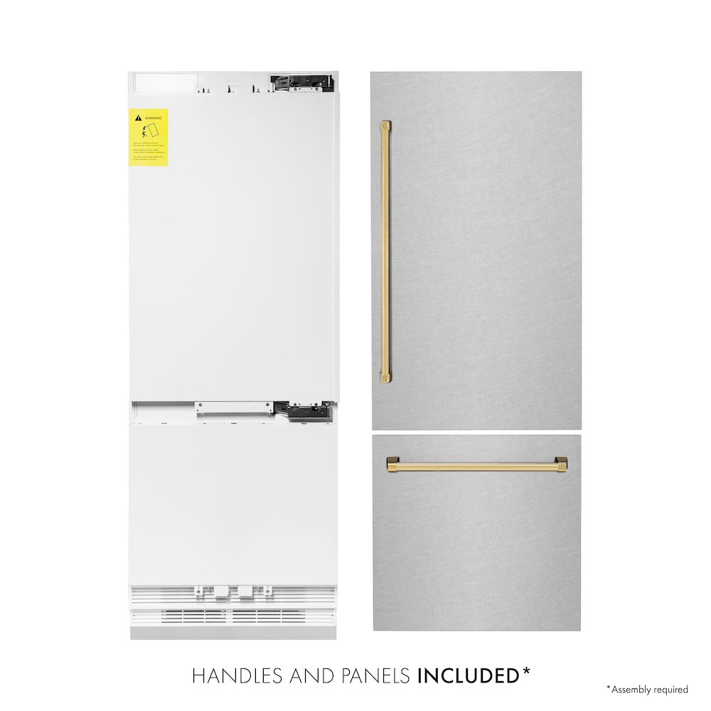 ZLINE Autograph Edition 30 in. 16.1 cu. ft. Built-In Bottom Freezer Refrigerator with Water Dispenser and Ice Maker in Satin Stainless Steel with Polished Gold Accents (RBIVZ-SN-30-G) refrigeration unit next to handles and panels.
