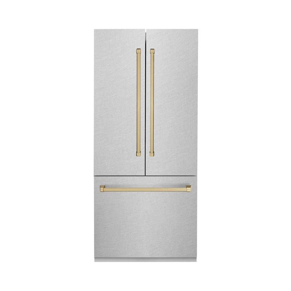 ZLINE Autograph Edition 36 in. 19.6 cu. ft. French Door Built-In Bottom Freezer Refrigerator with Water Dispenser and Ice Maker in Satin Stainless Steel with Champagne Bronze Accents (RBIVZ-SN-36-CB) main image.