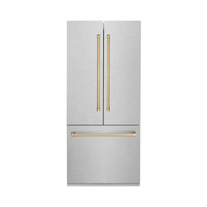 ZLINE Autograph Edition 36 in. 19.6 cu. ft. French Door Built-In Bottom Freezer Refrigerator with Water Dispenser and Ice Maker in Satin Stainless Steel with Champagne Bronze Accents (RBIVZ-SN-36-CB) main image.