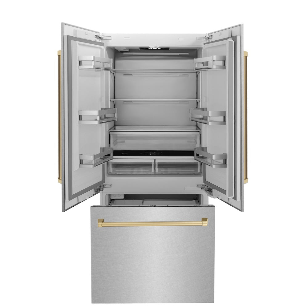 ZLINE Autograph Edition 36 in. 19.6 cu. ft. French Door Built-In Bottom Freezer Refrigerator with Water Dispenser and Ice Maker in Satin Stainless Steel with Champagne Bronze Accents (RBIVZ-SN-36-CB) front, refrigeration compartment and bottom freezer open.