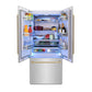 ZLINE Autograph Edition 36 in. 19.6 cu. ft. French Door Built-In Bottom Freezer Refrigerator with Water Dispenser and Ice Maker in Satin Stainless Steel with Champagne Bronze Accents (RBIVZ-SN-36-CB) front, open, displaying various food and drink items.