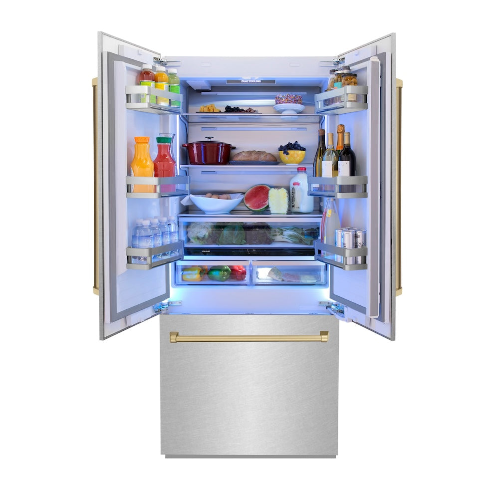 ZLINE Autograph Edition 36 in. 19.6 cu. ft. French Door Built-In Bottom Freezer Refrigerator with Water Dispenser and Ice Maker in Satin Stainless Steel with Champagne Bronze Accents (RBIVZ-SN-36-CB) front, open, displaying various food and drink items.