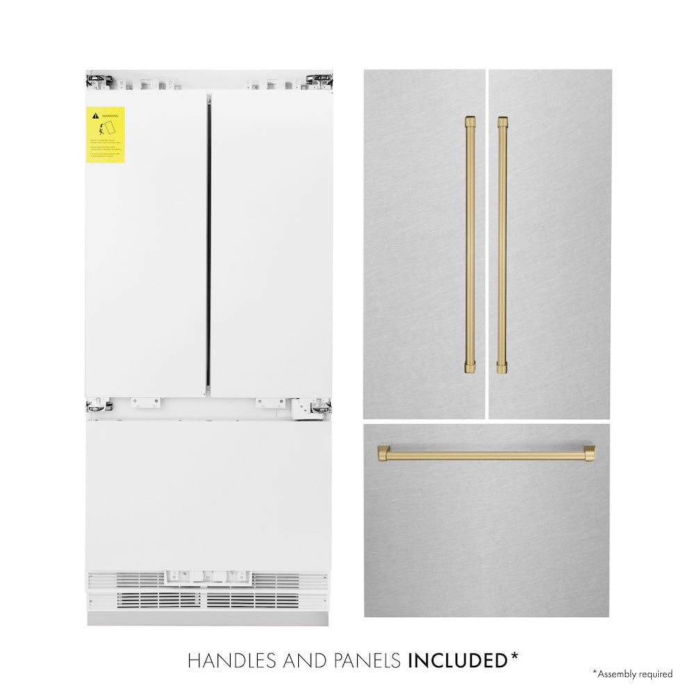 ZLINE Autograph Edition 36 in. 19.6 cu. ft. French Door Built-In Bottom Freezer Refrigerator with Water Dispenser and Ice Maker in Satin Stainless Steel with Champagne Bronze Accents (RBIVZ-SN-36-CB) refrigeration unit next to handles and panels.