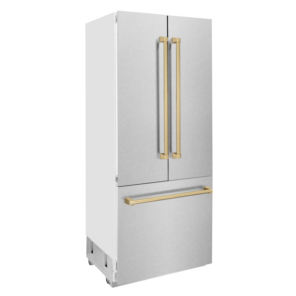ZLINE Autograph Edition 36 in. 19.6 cu. ft. French Door Built-In Bottom Freezer Refrigerator with Water Dispenser and Ice Maker in Satin Stainless Steel with Champagne Bronze Accents (RBIVZ-SN-36-CB) side.