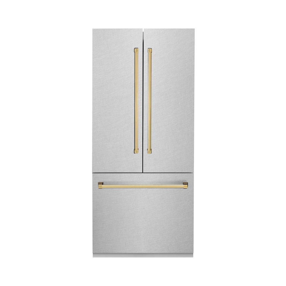 ZLINE Autograph Edition 36 in. 19.6 cu. ft. French Door Built-In Bottom Freezer Refrigerator with Water Dispenser and Ice Maker in Satin Stainless Steel with Polished Gold Accents (RBIVZ-SN-36-G) main image.