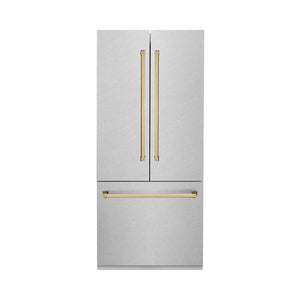 ZLINE Autograph Edition 36 in. 19.6 cu. ft. French Door Built-In Bottom Freezer Refrigerator with Water Dispenser and Ice Maker in Satin Stainless Steel with Polished Gold Accents (RBIVZ-SN-36-G) main image.