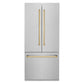 ZLINE Autograph Edition 36 in. 19.6 cu. ft. French Door Built-In Bottom Freezer Refrigerator with Water Dispenser and Ice Maker in Satin Stainless Steel with Polished Gold Accents (RBIVZ-SN-36-G) front, closed.