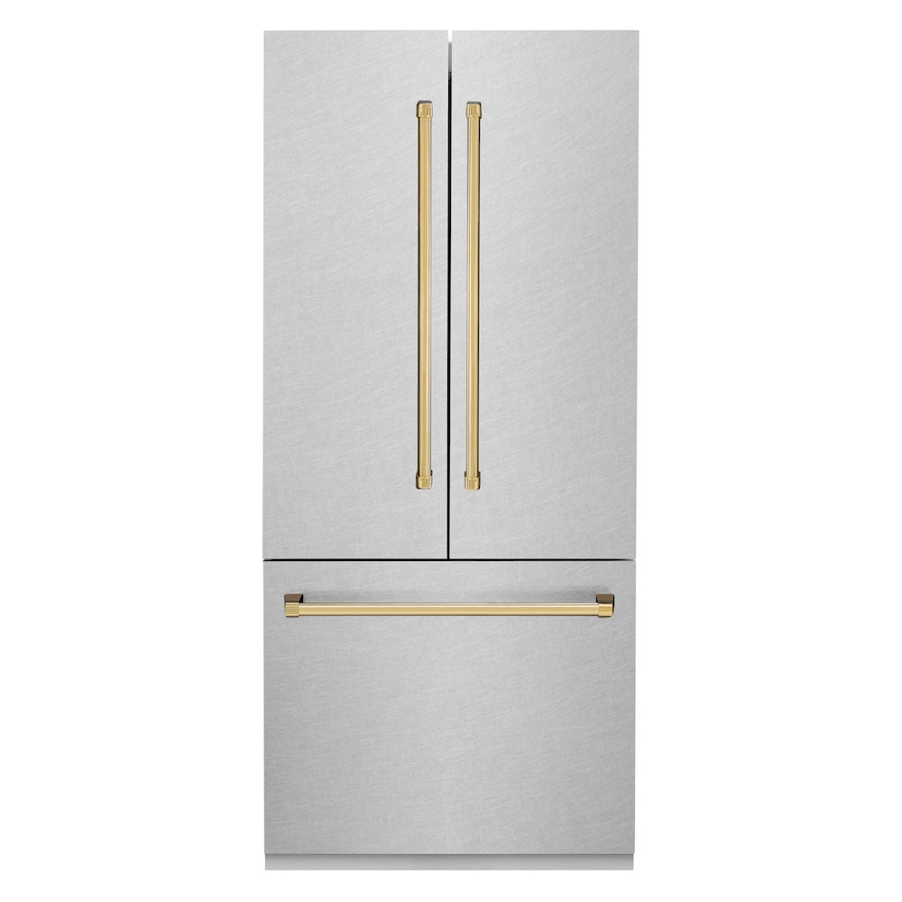 ZLINE Autograph Edition 36 in. 19.6 cu. ft. French Door Built-In Bottom Freezer Refrigerator with Water Dispenser and Ice Maker in Satin Stainless Steel with Polished Gold Accents (RBIVZ-SN-36-G) front, closed.