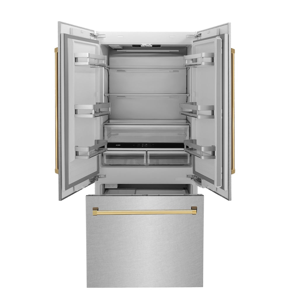 ZLINE Autograph Edition 36 in. 19.6 cu. ft. French Door Built-In Bottom Freezer Refrigerator with Water Dispenser and Ice Maker in Satin Stainless Steel with Polished Gold Accents (RBIVZ-SN-36-G) front, refrigeration compartment and bottom freezer open.