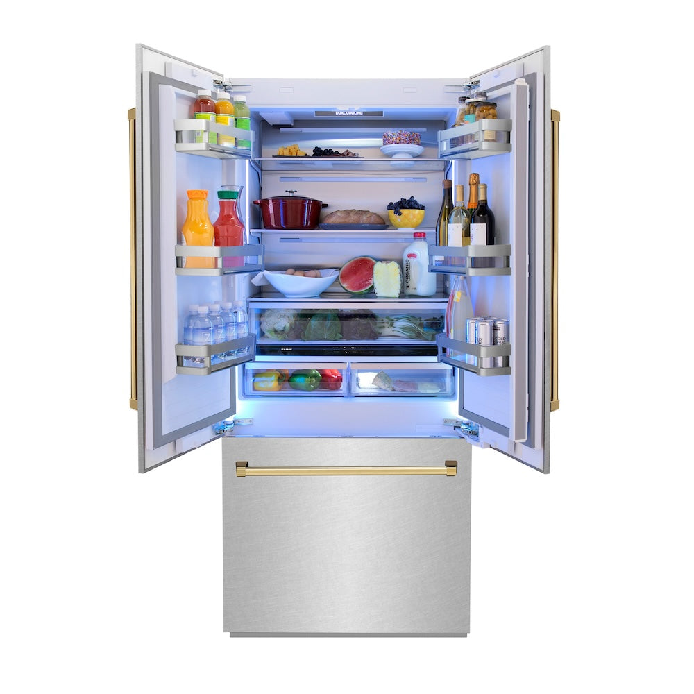 ZLINE Autograph Edition 36 in. 19.6 cu. ft. French Door Built-In Bottom Freezer Refrigerator with Water Dispenser and Ice Maker in Satin Stainless Steel with Polished Gold Accents (RBIVZ-SN-36-G) front, open, displaying various food and drink items.
