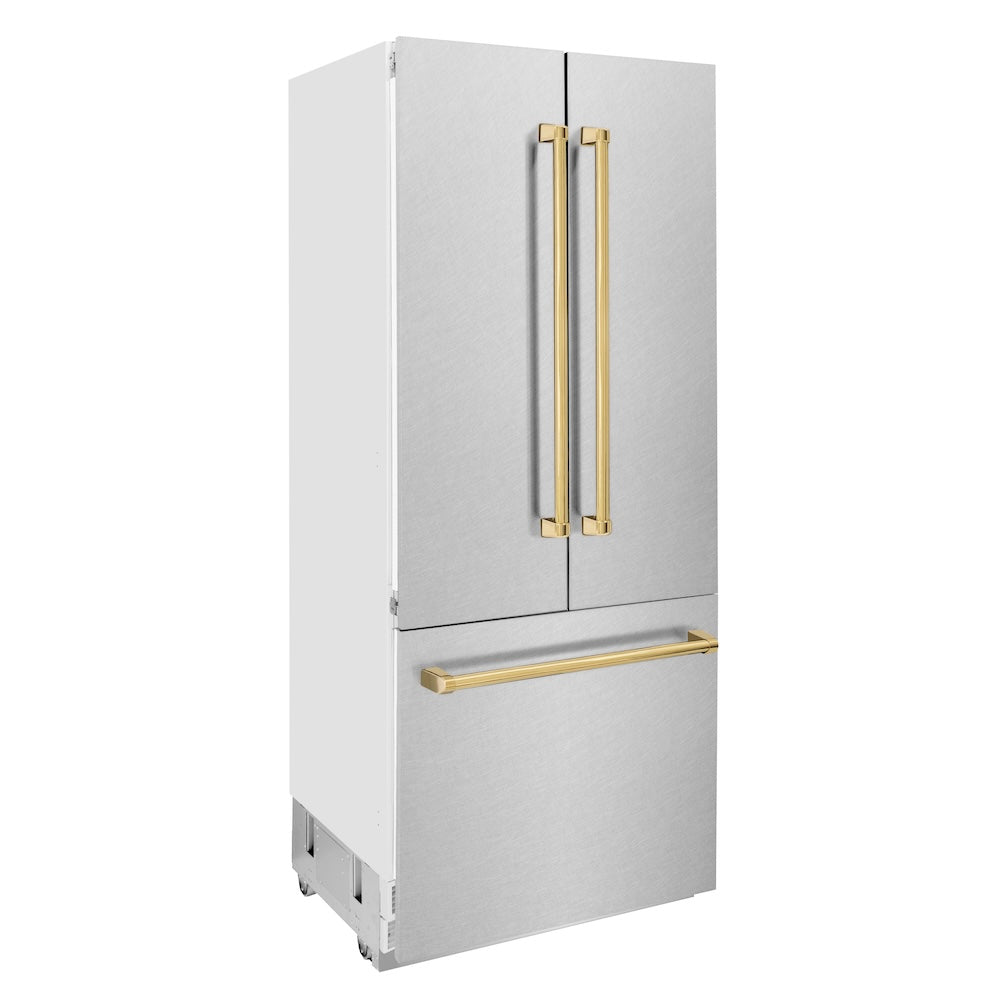 ZLINE Autograph Edition 36 in. 19.6 cu. ft. French Door Built-In Bottom Freezer Refrigerator with Water Dispenser and Ice Maker in Satin Stainless Steel with Polished Gold Accents (RBIVZ-SN-36-G) side.