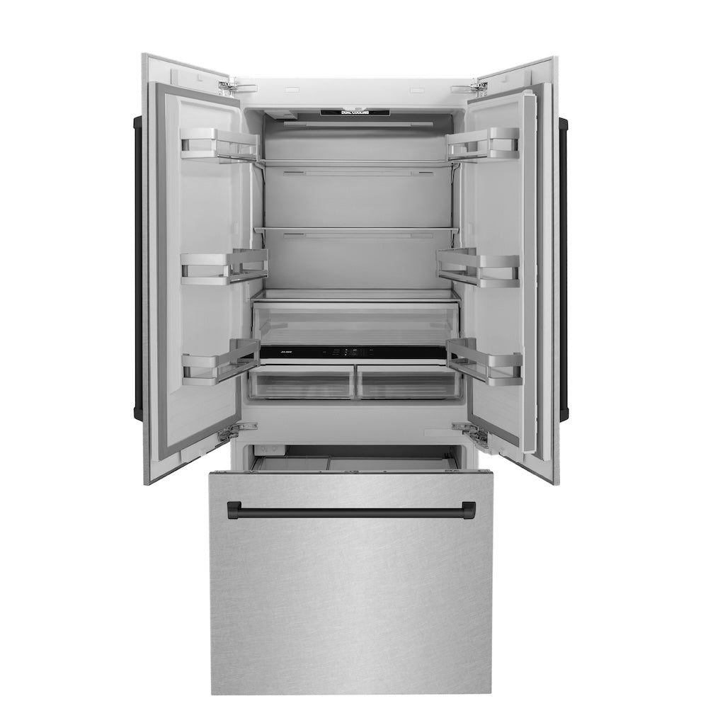 ZLINE Autograph Edition 36 in. 19.6 cu. ft. French Door Built-In Bottom Freezer Refrigerator with Water Dispenser and Ice Maker in Satin Stainless Steel with Matte Black Accents (RBIVZ-SN-36-MB) front, refrigeration compartment and bottom freezer open.