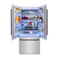 ZLINE Autograph Edition 36 in. 19.6 cu. ft. French Door Built-In Bottom Freezer Refrigerator with Water Dispenser and Ice Maker in Satin Stainless Steel with Matte Black Accents (RBIVZ-SN-36-MB) front, open, displaying various food and drink items.