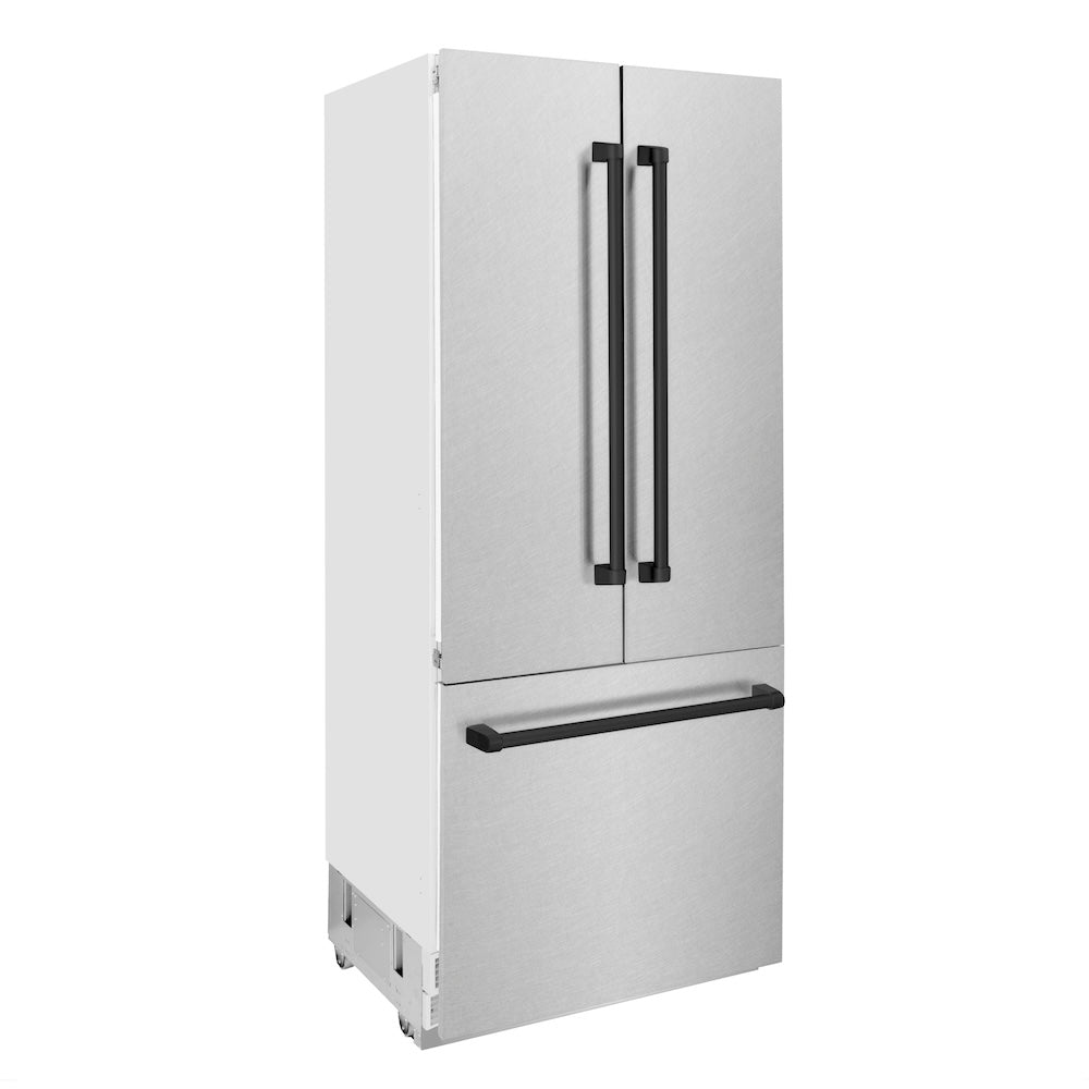 ZLINE Autograph Edition 36 in. 19.6 cu. ft. French Door Built-In Bottom Freezer Refrigerator with Water Dispenser and Ice Maker in Satin Stainless Steel with Matte Black Accents (RBIVZ-SN-36-MB) side.