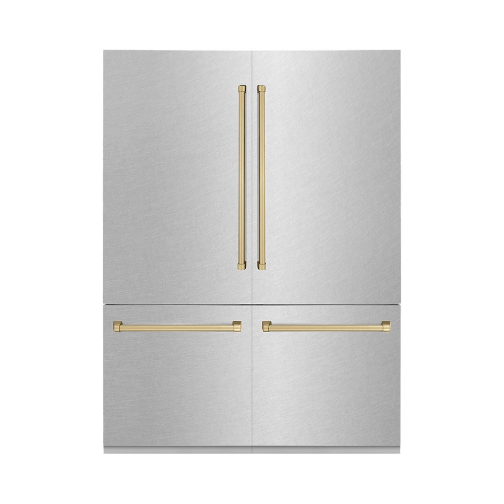 ZLINE Autograph Edition 60 in. 32.2 cu. ft. French Door Built-In Bottom Freezer Refrigerator with Water Dispenser and Ice Maker in Satin Stainless Steel with Champagne Bronze Accents (RBIVZ-SN-60-CB) main image.