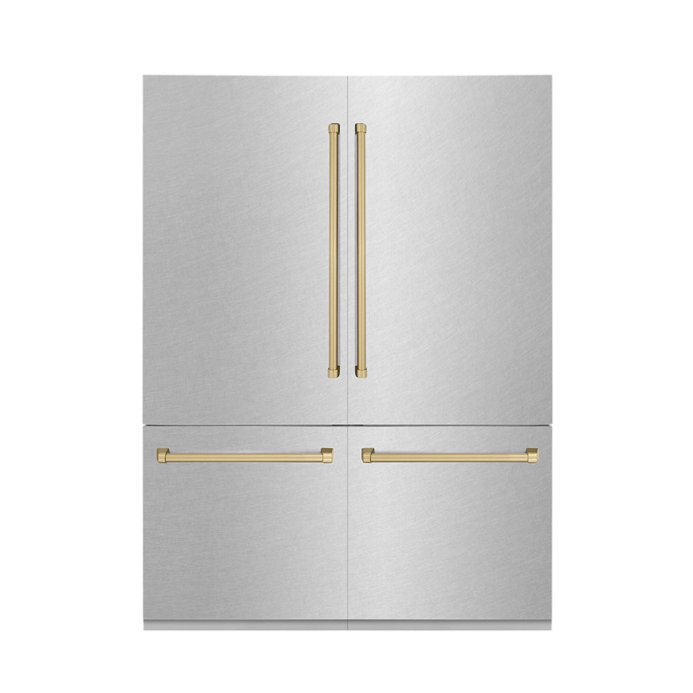 ZLINE Autograph Edition 60 in. 32.2 cu. ft. French Door Built-In Bottom Freezer Refrigerator with Water Dispenser and Ice Maker in Satin Stainless Steel with Champagne Bronze Accents (RBIVZ-SN-60-CB) front, closed.