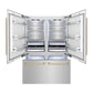 ZLINE Autograph Edition 60 in. 32.2 cu. ft. French Door Built-In Bottom Freezer Refrigerator with Water Dispenser and Ice Maker in Satin Stainless Steel with Champagne Bronze Accents (RBIVZ-SN-60-CB) front, refrigeration compartment and bottom freezer drawer open with lights activated.