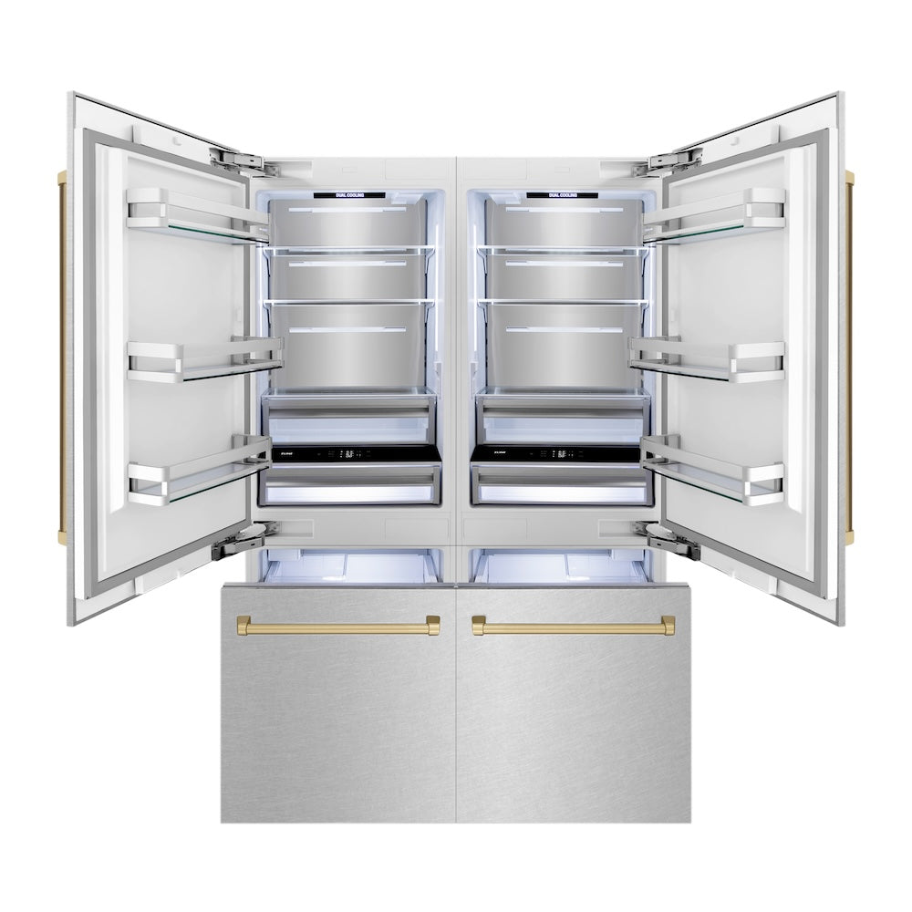 ZLINE Autograph Edition 60 in. 32.2 cu. ft. French Door Built-In Bottom Freezer Refrigerator with Water Dispenser and Ice Maker in Satin Stainless Steel with Champagne Bronze Accents (RBIVZ-SN-60-CB) front, refrigeration compartment and bottom freezer drawer open with lights activated.