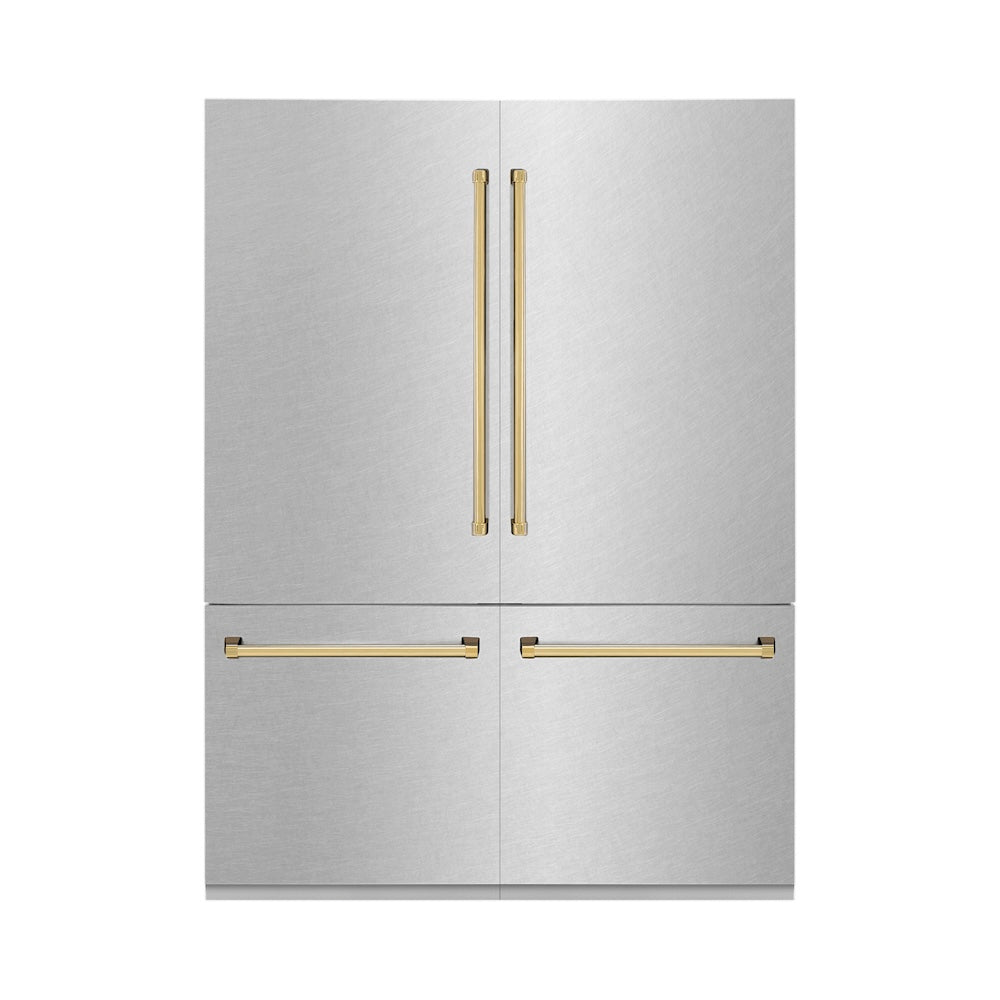 ZLINE Autograph Edition 60 in. 32.2 cu. ft. French Door Built-In Bottom Freezer Refrigerator with Water Dispenser and Ice Maker in Satin Stainless Steel with Polished Gold Accents (RBIVZ-SN-60-G) main image.