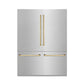 ZLINE Autograph Edition 60 in. 32.2 cu. ft. French Door Built-In Bottom Freezer Refrigerator with Water Dispenser and Ice Maker in Satin Stainless Steel with Polished Gold Accents (RBIVZ-SN-60-G) front, closed.