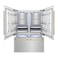 ZLINE Autograph Edition 60 in. 32.2 cu. ft. French Door Built-In Bottom Freezer Refrigerator with Water Dispenser and Ice Maker in Satin Stainless Steel with Polished Gold Accents (RBIVZ-SN-60-G) front, refrigeration compartment and bottom freezer drawer open with lights activated.