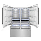 ZLINE Autograph Edition 60 in. 32.2 cu. ft. French Door Built-In Bottom Freezer Refrigerator with Water Dispenser and Ice Maker in Satin Stainless Steel with Matte Black Accents (RBIVZ-SN-60-MB) front, refrigeration compartment and bottom freezer drawer open with lights activated.