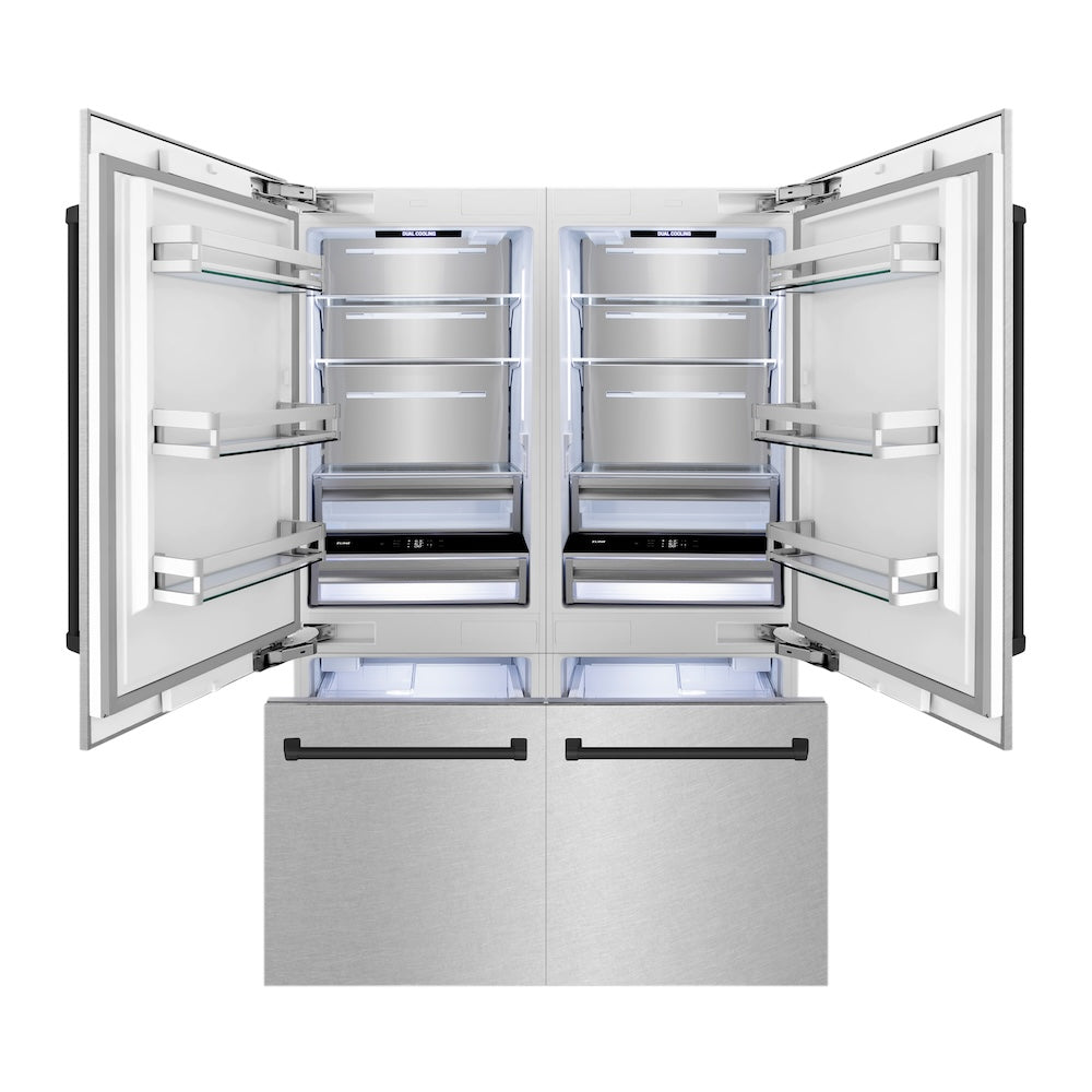 ZLINE Autograph Edition 60 in. 32.2 cu. ft. French Door Built-In Bottom Freezer Refrigerator with Water Dispenser and Ice Maker in Satin Stainless Steel with Matte Black Accents (RBIVZ-SN-60-MB) front, refrigeration compartment and bottom freezer drawer open with lights activated.