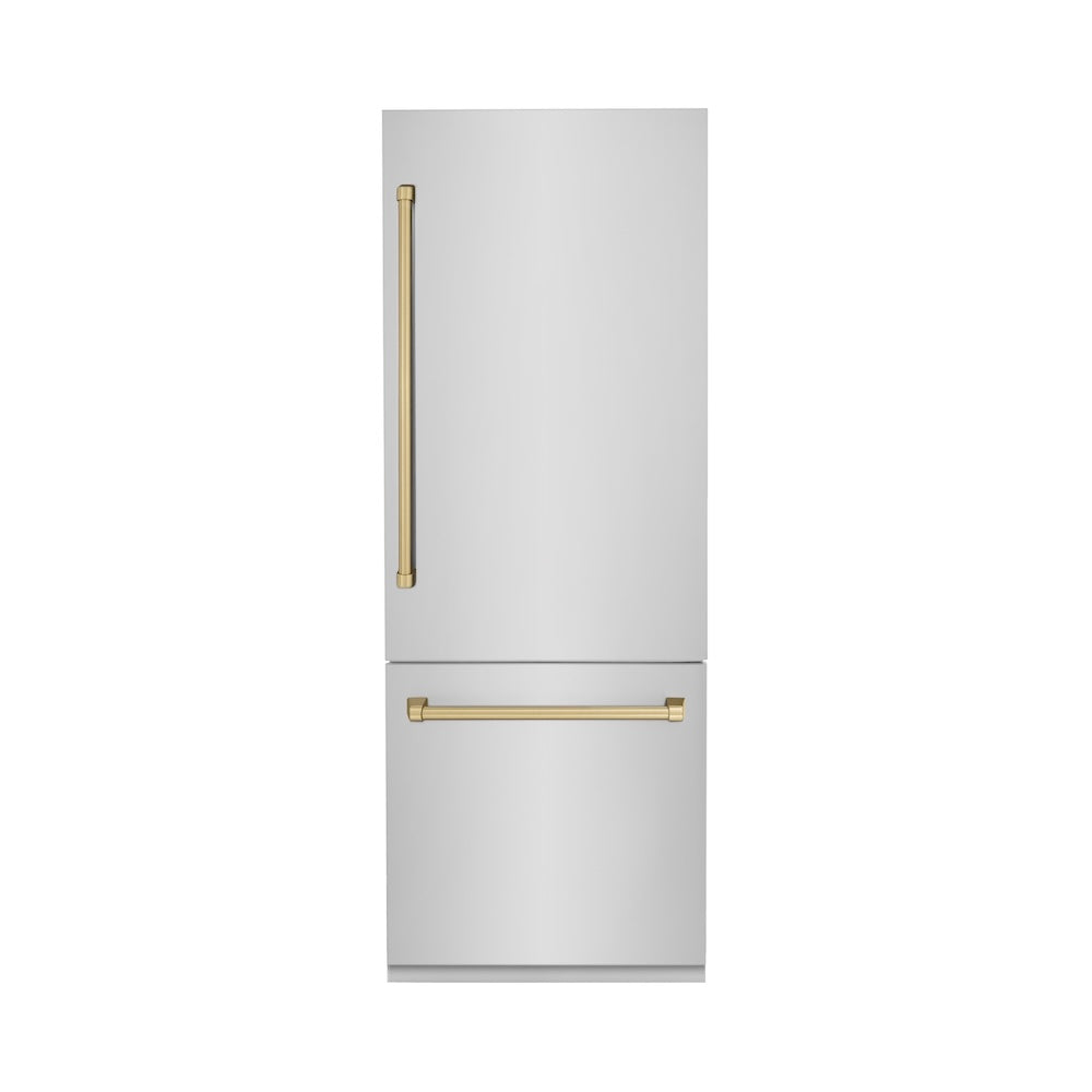 ZLINE Autograph Edition 30 in. 16.1 cu. ft. Built-in 2-Door Bottom Freezer Refrigerator with Internal Water and Ice Dispenser in Stainless Steel with Champagne Bronze Accents (RBIVZ-304-30-CB) front, closed.