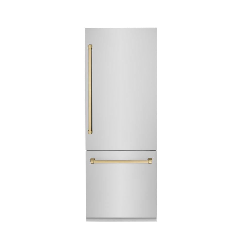 ZLINE Autograph Edition 30 in. 16.1 cu. ft. Built-In Bottom Freezer Refrigerator with Water Dispenser and Ice Maker in Stainless Steel with Champagne Bronze Accents (RBIVZ-304-30-CB) front, closed.