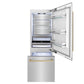 ZLINE Autograph Edition 30 in. 16.1 cu. ft. Built-In Bottom Freezer Refrigerator with Water Dispenser and Ice Maker in Stainless Steel with Champagne Bronze Accents (RBIVZ-304-30-CB) front, refrigeration compartment and bottom freezer open with lights on.