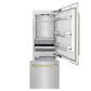 ZLINE Autograph Edition 30 in. 16.1 cu. ft. Built-In Bottom Freezer Refrigerator with Water Dispenser and Ice Maker in Stainless Steel with Champagne Bronze Accents (RBIVZ-304-30-CB) front, open, empty.
