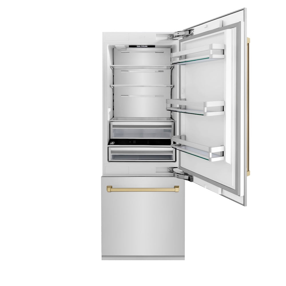 ZLINE Autograph Edition 30 in. 16.1 cu. ft. Built-in 2-Door Bottom Freezer Refrigerator with Internal Water and Ice Dispenser in Stainless Steel with Champagne Bronze Accents (RBIVZ-304-30-CB) front, refrigeration compartment open.