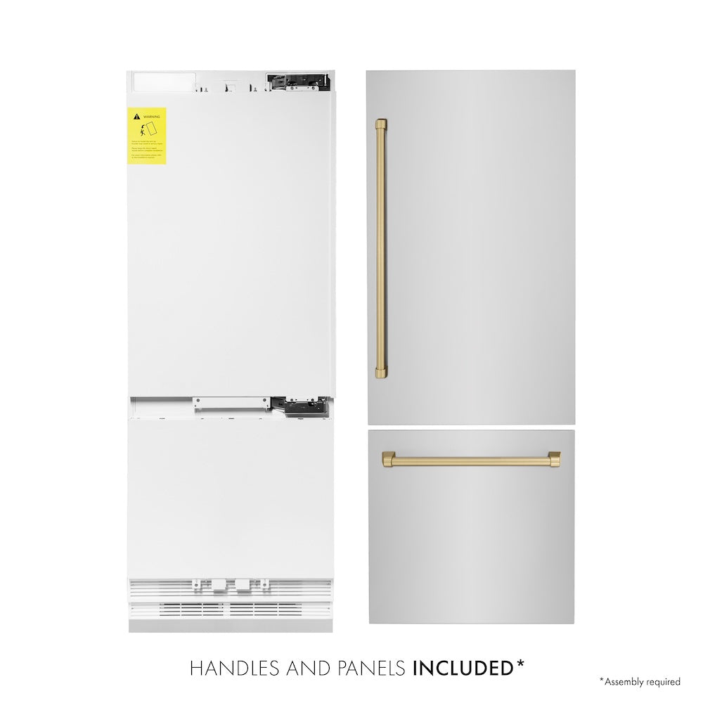 ZLINE Autograph Edition 30 in. 16.1 cu. ft. Built-in 2-Door Bottom Freezer Refrigerator with Internal Water and Ice Dispenser in Stainless Steel with Champagne Bronze Accents (RBIVZ-304-30-CB) front, refrigeration unit next to panels. Text: Handles and Panels Included.