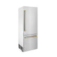 ZLINE Autograph Edition 30 in. 16.1 cu. ft. Built-In Bottom Freezer Refrigerator with Water Dispenser and Ice Maker in Stainless Steel with Champagne Bronze Accents (RBIVZ-304-30-CB) side, closed.