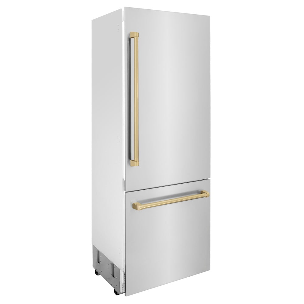 ZLINE Autograph Edition 30 in. 16.1 cu. ft. Built-in 2-Door Bottom Freezer Refrigerator with Internal Water and Ice Dispenser in Stainless Steel with Champagne Bronze Accents (RBIVZ-304-30-CB) side, closed.