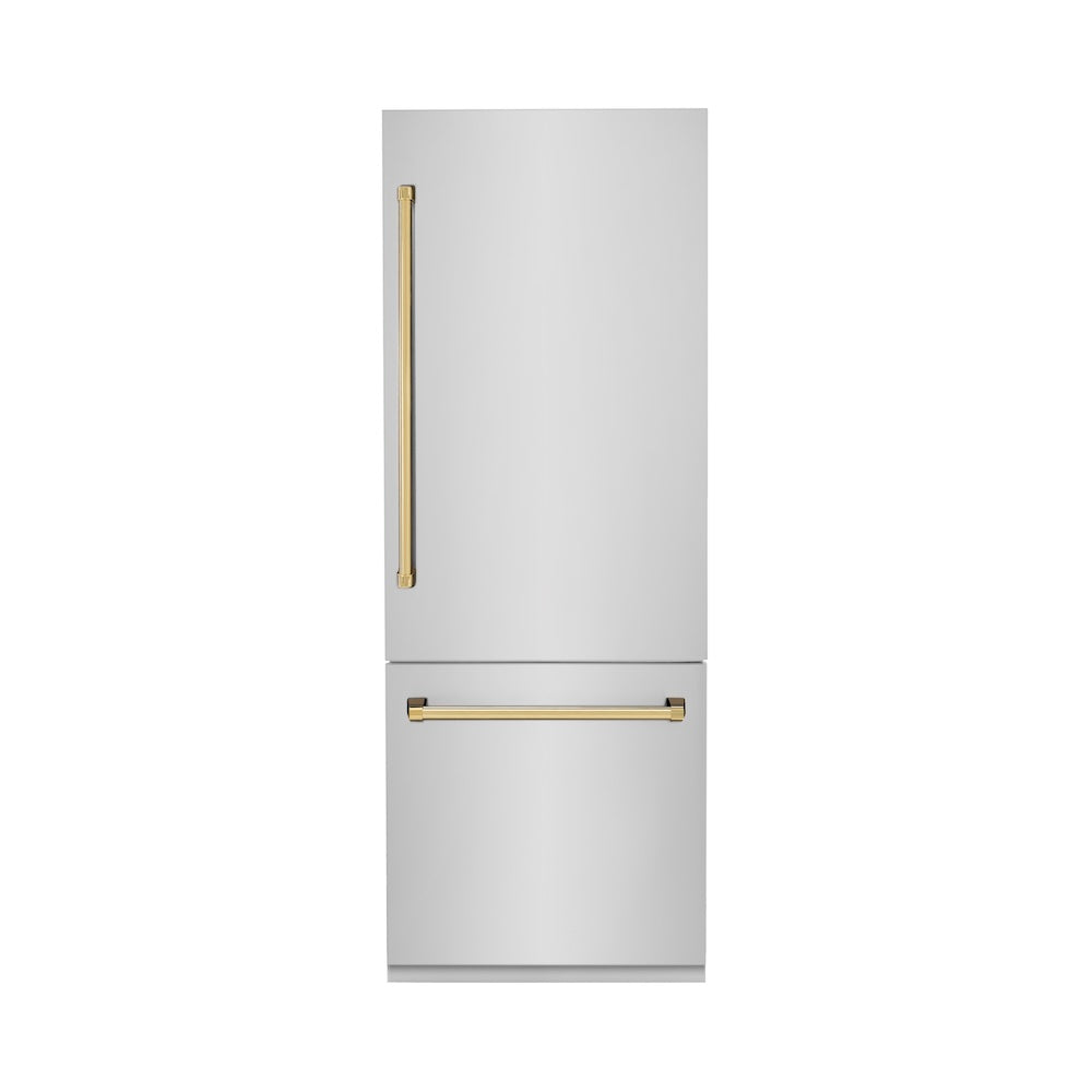 ZLINE Autograph Edition 30 in. 16.1 cu. ft. Built-in 2-Door Bottom Freezer Refrigerator with Internal Water and Ice Dispenser in Stainless Steel with Polished Gold Accents (RBIVZ-304-30-G) front, closed.