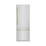 ZLINE Autograph Edition 30 in. 16.1 cu. ft. Built-In Bottom Freezer Refrigerator with Water Dispenser and Ice Maker in Stainless Steel with Polished Gold Accents (RBIVZ-304-30-G) front, closed.