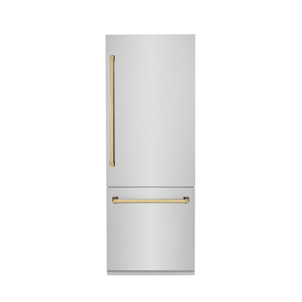 ZLINE Autograph Edition 30 in. 16.1 cu. ft. Built-in 2-Door Bottom Freezer Refrigerator with Internal Water and Ice Dispenser in Stainless Steel with Polished Gold Accents (RBIVZ-304-30-G) front, closed.