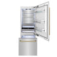 ZLINE Autograph Edition 30 in. 16.1 cu. ft. Built-In Bottom Freezer Refrigerator with Water Dispenser and Ice Maker in Stainless Steel with Polished Gold Accents (RBIVZ-304-30-G) front, refrigeration compartment and bottom freezer open with lights on.