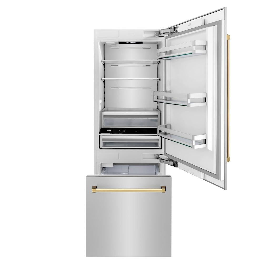 ZLINE Autograph Edition 30 in. 16.1 cu. ft. Built-In Bottom Freezer Refrigerator with Water Dispenser and Ice Maker in Stainless Steel with Polished Gold Accents (RBIVZ-304-30-G) front, open, empty.